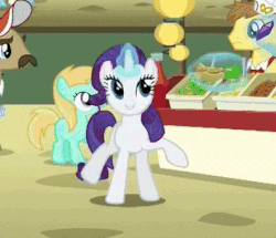 Size: 442x380 | Tagged: safe, screencap, globe trotter, rarity, rosy gold, wetzel, earth pony, pony, unicorn, g4, rarity takes manehattan, season 4, animated, background pony, carrot, carrot dog, cute, fast food, female, filly, foal, food, food stand, generosity, generosity song, happy, ketchup, manehattan, sauce, smiling, street food