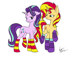 Size: 2646x1983 | Tagged: safe, alternate version, artist:icicle-niceicle-1517, artist:nightpaint12, color edit, edit, starlight glimmer, sunset shimmer, pony, unicorn, g4, chest fluff, clothes, collaboration, colored, ear fluff, female, flirting, heart, lesbian, mare, raised hoof, ship:shimmerglimmer, shipping, signature, simple background, socks, striped socks, transparent background