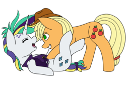 Size: 2740x1857 | Tagged: safe, artist:calibykitty, artist:icicle-niceicle-1517, color edit, edit, applejack, rarity, earth pony, pony, unicorn, g4, alternate hairstyle, applejack's hat, belt, clothes, colored, cowboy hat, cute, eyes closed, female, hat, hoofy-kicks, jackabetes, jacket, laughing, leather jacket, lesbian, mare, mouth hold, on back, open mouth, punk, raribetes, raripunk, ship:rarijack, shipping, simple background, straw, tickle torture, tickling, transparent background