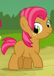 Size: 578x814 | Tagged: safe, screencap, babs seed, pony, apple family reunion, g4, season 3, cropped, female, filly, foal, freckles, happy, looking at someone, smiling, solo focus, sweet apple acres, trotting, walking