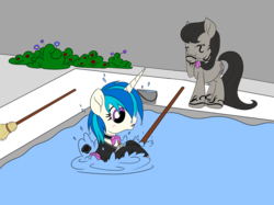Size: 2732x2048 | Tagged: safe, artist:icicle-niceicle-1517, artist:sparkleshadow, color edit, edit, dj pon-3, octavia melody, vinyl scratch, earth pony, pony, unicorn, vampire, g4, alternate universe, amused, bowtie, broom, bucket, bush, clothes, collaboration, colored, female, flower, high res, laughing, lesbian, maid, mare, mop, octavia is amused, open mouth, raised hoof, rose, ship:scratchtavia, shipping, swimming pool, tattoo, water, wet, wet bowtie, wet mane