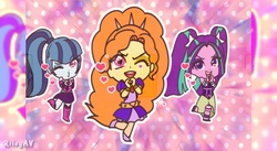 Size: 873x480 | Tagged: safe, artist:rileyav, adagio dazzle, aria blaze, sonata dusk, equestria girls, g4, blowing a kiss, chibi, female, heart, looking at you, one eye closed, open mouth, pose, the dazzlings, watermark, wink