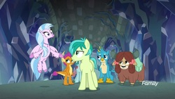 Size: 1920x1080 | Tagged: safe, screencap, gallus, ocellus, sandbar, silverstream, smolder, yona, changedling, changeling, classical hippogriff, dragon, earth pony, griffon, hippogriff, pony, yak, g4, what lies beneath, bow, cloven hooves, crystal, discovery family, discovery family logo, dragoness, female, hair bow, jewelry, logo, male, monkey swings, necklace, nightmare cave, student six, teenager