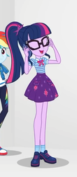 Size: 266x603 | Tagged: safe, screencap, rainbow dash, sci-twi, twilight sparkle, equestria girls, equestria girls series, g4, rollercoaster of friendship, clothes, cropped, cute, eyes closed, female, geode of telekinesis, glasses, ponytail, shoes, skirt, socks