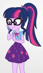 Size: 390x653 | Tagged: safe, screencap, sci-twi, twilight sparkle, equestria girls, equestria girls specials, g4, my little pony equestria girls: better together, my little pony equestria girls: rollercoaster of friendship, cellphone, clothes, cropped, female, geode of telekinesis, glasses, phone, ponytail, skirt, smartphone, smiling, solo