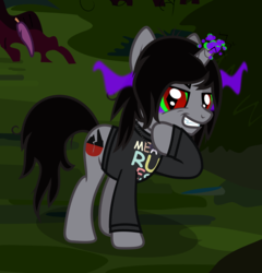 Size: 1021x1061 | Tagged: safe, artist:lightningbolt, derpibooru exclusive, pony, unicorn, g4, the mean 6, .svg available, clone, clothes, dark magic, disguise, disguised siren, drop dead clothing, evil, evil clone, fangs, feather, glowing, green sclera, grin, jewelry, kellin quinn, long sleeves, looking at you, magic, male, messy hair, necklace, ponified, prone, raised hoof, red eyes, shirt, show accurate, sleeping with sirens, slit pupils, smiling, solo, sombra eyes, stallion, standing, svg, vector