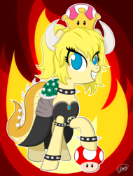 Size: 3334x4376 | Tagged: safe, artist:up-world, pony, bowsette, clothes, collar, crown, dragon tail, dress, fangs, female, jewelry, mare, meme, ponified, regalia, solo, spiked collar, super crown, super mario bros., toadette