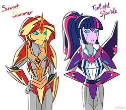 Size: 960x836 | Tagged: dead source, safe, artist:elioo, sci-twi, sunset shimmer, twilight sparkle, cybertronian, robot, equestria girls, g4, crossover, equestria bots, simple background, species swap, transformerfied, transformers, transformers robots in disguise (2015), twibot, white background