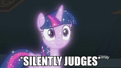 Size: 800x450 | Tagged: safe, edit, edited screencap, screencap, tree of harmony, twilight sparkle, alicorn, pony, g4, what lies beneath, discovery family logo, eyelashes, female, image macro, judging you, looking at you, meme, reaction image, silently judging you, smiling, solo, sparkles, staring into your soul, treelight sparkle