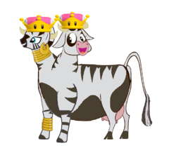 Size: 760x671 | Tagged: safe, artist:theunknowenone1, daisy jo, zecora, cow, zebra, g4, bowsette, chubby, conjoined, fusion, jocora, multiple heads, simple background, super crown, super mario bros., toadette, transparent background, two heads, udder, wat, we have become one, zebrow