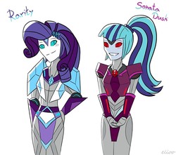 Size: 960x850 | Tagged: dead source, safe, artist:elioo, rarity, sonata dusk, cybertronian, robot, equestria girls, g4, crossover, cute, equestria bots, raribetes, simple background, smiling, sonatabetes, species swap, transformerfied, transformers, transformers robots in disguise (2015), white background