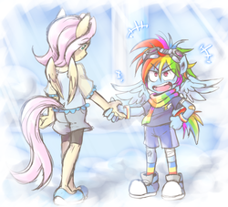Size: 1400x1270 | Tagged: safe, artist:thegreatrouge, fluttershy, rainbow dash, anthro, plantigrade anthro, g4, ambiguous facial structure, bandage, bandaid, clothes, cloudsdale, converse, female, goggles, handshake, looking at each other, no nose, open mouth, scarf, shoes, shorts, wings, wristband, younger