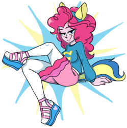 Size: 1280x1283 | Tagged: safe, artist:/d/non, pinkie pie, equestria girls, g4, bedroom eyes, breasts, canterlot high, clothes, fake tail, female, helping twilight win the crown, long hair, looking at you, pony ears, school spirit, shoes, simple background, solo, transparent background, wondercolts