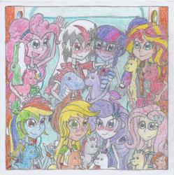 Size: 1642x1651 | Tagged: safe, artist:nephilim rider, applejack, fluttershy, pinkie pie, rainbow dash, rarity, sci-twi, sunset shimmer, twilight sparkle, oc, oc:heaven lost, equestria girls, equestria girls specials, g4, my little pony equestria girls: better together, my little pony equestria girls: rollercoaster of friendship, female, lesbian, ship:rarijack, shipping