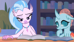 Size: 1726x971 | Tagged: safe, screencap, ocellus, silverstream, changedling, changeling, hippogriff, g4, what lies beneath, book, chair, duo, duo female, female, shelf, table