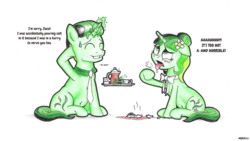Size: 3477x1957 | Tagged: safe, artist:cakonde, oc, oc only, oc:alpha tea, oc:camellia yasmina, pony, unicorn, alphellia, belly button, blushing, conversation, cup, dialogue, duo, female, glowing horn, horn, magic, male, necktie, simple background, sitting, smiling, teacup, teapot, telekinesis, tongue out, traditional art, tray