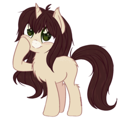 Size: 600x573 | Tagged: safe, artist:sinamuna, oc, oc only, oc:cinnamon fawn, pony, unicorn, blushing, brown hair, chest fluff, cute, fluffy, full body, green eyes, hazel eyes, horn, long hair, ponysona, redesign, reference, simple background, smiling, solo, transparent background, updated design