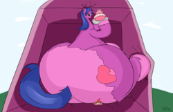 Size: 5100x3300 | Tagged: safe, artist:taurson, oc, oc:cee biscuit, oc:tea biscuit, pony, unicorn, cake, dessert, fat, food, giant pony, huge butt, hyper butt, impossibly large butt, large butt, macro, micro, morbidly obese, obese, open mouth, size difference
