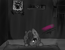 Size: 1300x1000 | Tagged: safe, artist:lazerblues, oc, oc only, oc:miss eri, pony, bed, bedroom, crying, emo, looking at you, monochrome, poster, solo, upsies