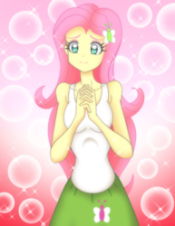 Size: 2076x2694 | Tagged: safe, artist:grandzebulon, fluttershy, equestria girls, fluttershy leans in, g4, anatomically incorrect, anime, bad anatomy, clothes, equestria girls interpretation, female, hands together, high res, scene interpretation, skirt, smiling, solo, tank top