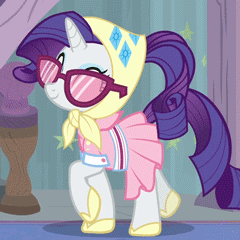 Size: 240x240 | Tagged: safe, screencap, rarity, starlight glimmer, pony, unicorn, g4, the end in friend, animated, camping outfit, clothes, cropped, cute, dress, eyes closed, female, headscarf, loop, ponytail, raribetes, scarf, shoes, solo focus, sunglasses, trotting, walking