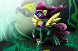 Size: 4800x3150 | Tagged: safe, artist:darksly, fluttershy, saddle rager, firefly (insect), insect, pegasus, pony, g4, angry, female, flutterhulk, mare, power ponies, raised hoof, signature, solo, spread wings, wings