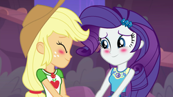 Size: 1920x1080 | Tagged: safe, screencap, applejack, rarity, equestria girls, equestria girls specials, g4, my little pony equestria girls: better together, my little pony equestria girls: rollercoaster of friendship, blushing, duo, female, geode of shielding, geode of super strength, implied lesbian, shipping fuel, smiling