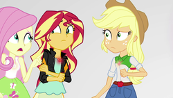 Size: 1920x1080 | Tagged: safe, screencap, applejack, fluttershy, sunset shimmer, equestria girls, equestria girls specials, g4, my little pony equestria girls: mirror magic, female, geode of empathy, geode of fauna, geode of super strength, glowing, glowing geodes, magical geodes, mirror world, worried
