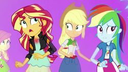 Size: 1920x1080 | Tagged: safe, screencap, applejack, fluttershy, rainbow dash, sunset shimmer, equestria girls, equestria girls specials, g4, my little pony equestria girls: mirror magic, female, geode of empathy, geode of super speed, geode of super strength, magical geodes