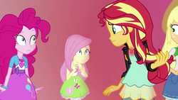 Size: 1920x1080 | Tagged: safe, screencap, applejack, fluttershy, pinkie pie, sunset shimmer, equestria girls, equestria girls specials, g4, my little pony equestria girls: mirror magic, female, fluttershy's skirt, geode of empathy, geode of sugar bombs