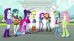 Size: 1920x1080 | Tagged: safe, screencap, applejack, fluttershy, juniper montage, pinkie pie, rainbow dash, rarity, sci-twi, starlight glimmer, sunset shimmer, twilight sparkle, equestria girls, mirror magic, spoiler:eqg specials, beanie, boots, canterlot high, clothes, cute, eyes closed, female, geode of empathy, geode of fauna, geode of shielding, geode of sugar bombs, geode of super speed, geode of super strength, geode of telekinesis, glasses, glimmerbetes, hand on hip, hat, hug, humane five, humane seven, humane six, magical geodes, open mouth, ponytail, raised leg, ripped pants, sci-twi outfits, shimmerbetes, shoes, skirt, socks, statue, striped socks