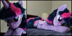 Size: 3000x1500 | Tagged: safe, artist:joltage, twilight sparkle, alicorn, pony, g4, bedroom eyes, irl, life size, photo, plushie, solo, twilight sparkle (alicorn)