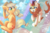 Size: 1280x853 | Tagged: safe, artist:nichroniclesvsart, applejack, autumn blaze, earth pony, kirin, pony, g4, sounds of silence, cloven hooves, cowboy hat, duo, female, hat, mare, rainbow, smiling