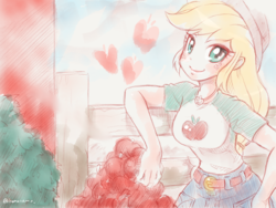 Size: 2048x1536 | Tagged: safe, artist:bonoramo, applejack, equestria girls, g4, my little pony equestria girls: better together, apple, belt, clothes, cowboy hat, cute, denim skirt, female, food, freckles, geode of super strength, hat, looking at you, moe, skirt, solo, stetson