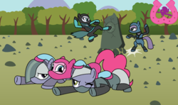 Size: 1024x607 | Tagged: safe, artist:author92, boulder (g4), cloudy quartz, limestone pie, marble pie, maud pie, pinkie pie, earth pony, pony, g4, alternate clothes, brightly colored ninjas, female, fight, kicking, kunoichi, mare, martial arts, mask, mother, mother and daughter, ninja, pie sisters, pinned, pinned down, rock farm, siblings, sisters, sparring, stomp, stomping, unmasked