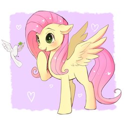 Size: 2381x2290 | Tagged: safe, artist:hosikawa, fluttershy, bird, pegasus, pony, g4, cute, female, floppy ears, high res, looking at something, missing cutie mark, open mouth, raised hoof, shyabetes, smiling, solo, spread wings, wings