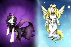 Size: 4096x2730 | Tagged: safe, derpibooru exclusive, oc, oc only, oc:comte vampiro, oc:golden tears, bat pony, earth pony, pegasus, pony, vampire, two sided posters, bat pony oc, cape, clothes, curly hair, evil, evil grin, eyes closed, eyeshadow, grin, makeup, pegasus oc, possessed, simple background, smiling, two sides