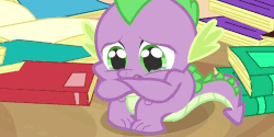 Size: 500x250 | Tagged: safe, screencap, spike, dragon, dragon quest, g4, animated, book, cropped, crying, gif, golden oaks library, male, sad, solo