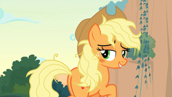 Size: 1920x1080 | Tagged: safe, screencap, applejack, earth pony, pony, g4, sounds of silence, butt, female, lidded eyes, looking back, mare, messy mane, plot, solo
