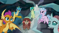 Size: 1920x1080 | Tagged: safe, screencap, gallus, ocellus, sandbar, silverstream, smolder, yona, changedling, changeling, classical hippogriff, dragon, earth pony, griffon, hippogriff, pony, yak, g4, what lies beneath, bow, cloven hooves, colored hooves, discovery family, discovery family logo, dragoness, female, flying, hair bow, jewelry, logo, male, monkey swings, necklace, student six, teenager
