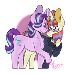 Size: 2048x2048 | Tagged: safe, artist:iistrawberry-shibaii, moondancer, starlight glimmer, pony, unicorn, g4, blushing, chest fluff, clothes, crack shipping, female, glimmerdancer, high res, lesbian, looking at each other, mare, shipping, simple background, smiling, sweater, transparent background