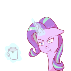 Size: 1000x1000 | Tagged: safe, artist:vickpaints, starlight glimmer, pony, unicorn, g4, coffee, female, floppy ears, glowing horn, horn, i mean i see, mug, solo