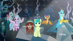 Size: 1920x1080 | Tagged: safe, screencap, gallus, ocellus, sandbar, silverstream, smolder, yona, changedling, changeling, classical hippogriff, dragon, earth pony, griffon, hippogriff, pony, yak, g4, what lies beneath, bow, cloven hooves, colored hooves, discovery family, discovery family logo, dragoness, female, hair bow, jewelry, logo, male, monkey swings, necklace, nightmare cave, paws, student six, teenager, wings