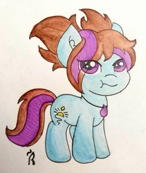 Size: 2724x3227 | Tagged: safe, artist:dawn-designs-art, oc, oc only, oc:dawn, earth pony, pony, blue coat, brown mane, female, filly, high res, pigtails, purple eyes, solo, traditional art