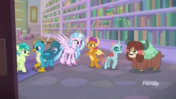 Size: 1920x1080 | Tagged: safe, screencap, gallus, ocellus, sandbar, silverstream, smolder, yona, changedling, changeling, classical hippogriff, dragon, earth pony, griffon, hippogriff, pony, yak, g4, what lies beneath, best friends, bow, cloven hooves, colored hooves, discovery family, discovery family logo, dragoness, female, hair bow, jewelry, logo, male, monkey swings, necklace, paws, raised eyebrow, student six, teenager, wings