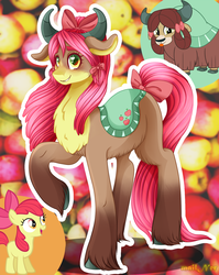 Size: 1355x1700 | Tagged: safe, artist:mailner, apple bloom, yona, yak, g4, bow, fluffy, fusion, hooves, horns, long hair, long mane, long tail, species swap
