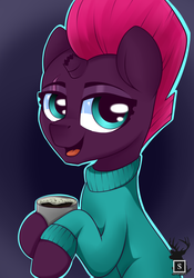 Size: 1280x1828 | Tagged: safe, artist:php97, fizzlepop berrytwist, tempest shadow, pony, unicorn, g4, broken horn, clothes, female, gradient background, horn, looking at you, mare, mug, open mouth, sitting, smiling, solo, sweater