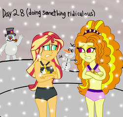 Size: 2000x1892 | Tagged: safe, artist:ktd1993, adagio dazzle, sunset shimmer, equestria girls, equestria girls series, g4, 28, 30 day otp challenge, bikini, clothes, cold, female, freezing, frosty the snowman, frozen (movie), lesbian, olaf, ship:sunsagio, shipping, shivering, snow, snowman, swimsuit