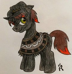 Size: 1024x1064 | Tagged: safe, artist:dawn-designs-art, oc, oc only, oc:shooter mccherries, pony, unicorn, ponies of the vineyard, rpg, solo, traditional art