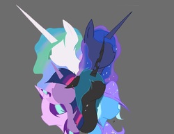 Size: 3001x2313 | Tagged: safe, artist:groomlake, princess celestia, princess luna, queen chrysalis, starlight glimmer, trixie, twilight sparkle, changeling, changeling queen, g4, colored, female, hat, high res, simple background